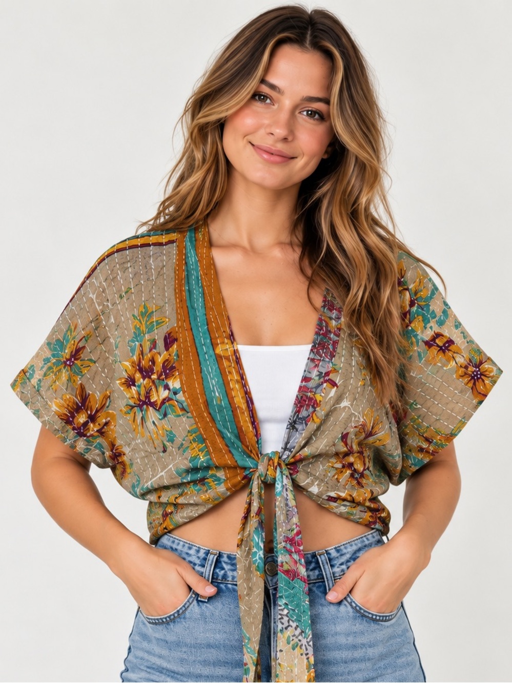 🌿 Wevez Kantha Tie Front Crop Top One Size 100% Cotton Boho